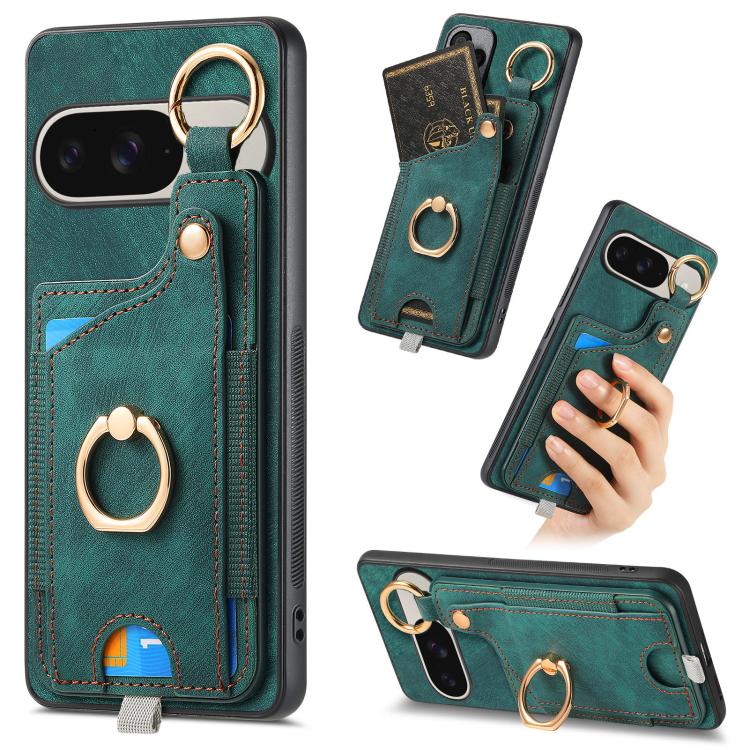 Retro Skin-feel Ring Card Bag Phone Case with Hang Loop, For Google Pixel 11 Pro XL, For Google Pixel 11, For Google Pixel 11 Pro, For Google Pixel 10 Pro XL, For Google Pixel 9a, For Google Pixel 9 Pro XL, For Google Pixel 10 / 10 Pro                 ...