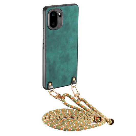 Green vintage leather phone back case with crossbody strap and metal clasps