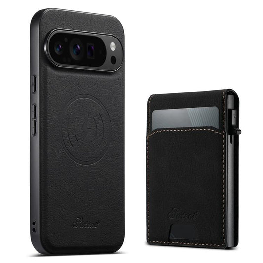 Black leather-grain phone case with removable card holder back pocket