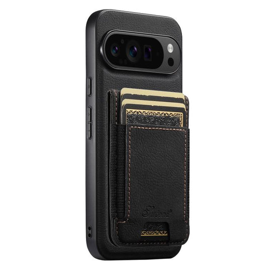Magnetic detachable wallet phone case with textured black leather for Pixel phones