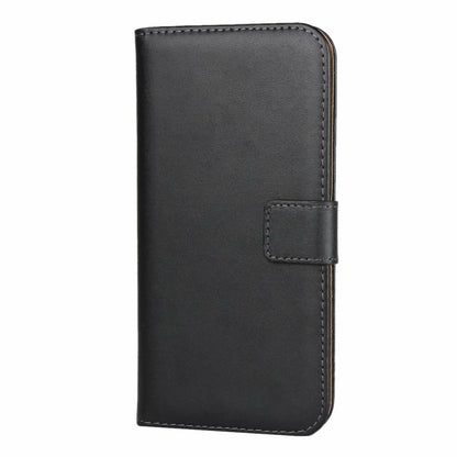 Black leather flip holster with stitched folio cover and front pocket panel