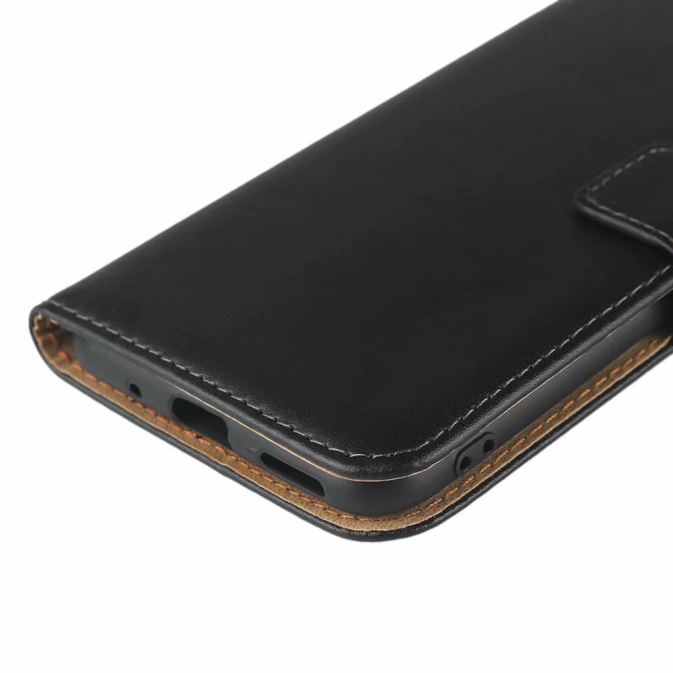 Close-up: black leather case bottom edge with cutouts and reinforced stitching