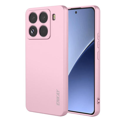 Pink liquid silicone phone case with four-camera cutout and raised edges