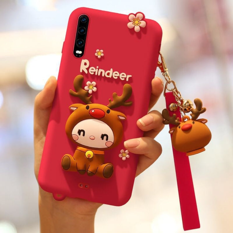 Red silicone phone case with reindeer cartoon, floral accents, and wrist strap