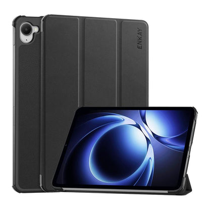 Tri-fold tablet case with stand, dark gray textured leather-look, ENKAY logo