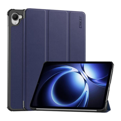 Tri-fold tablet case with stand, blue-purple textured leather-look, ENKAY logo