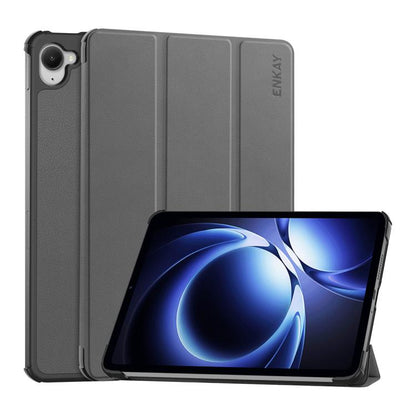 Tri-fold tablet case with stand, medium gray textured leather-look, ENKAY logo