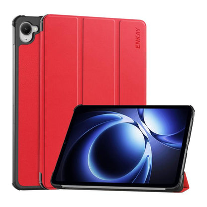 Tri-fold tablet case with stand, red textured leather-look, ENKAY logo