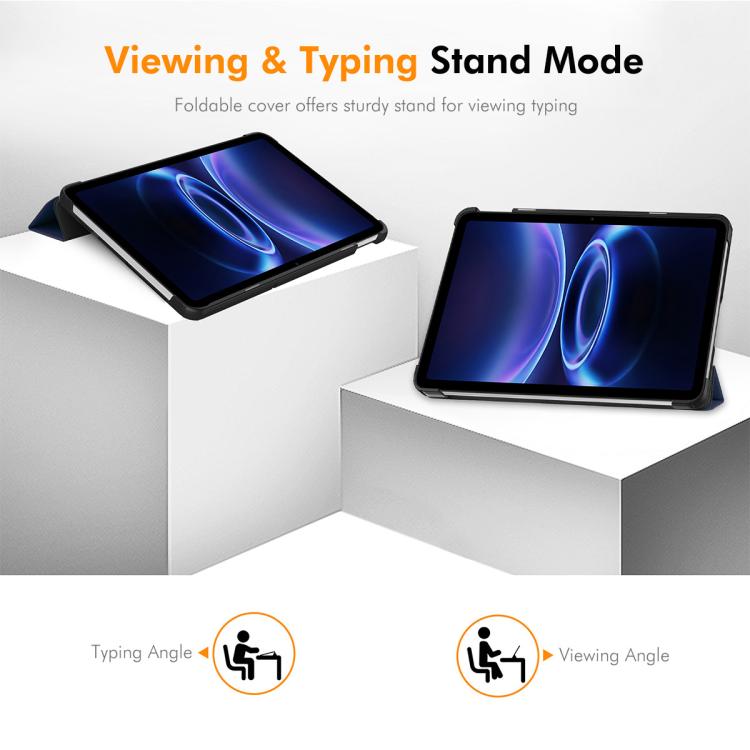 Tri-fold leather stand tablet case, dark blue, shown in typing and viewing modes