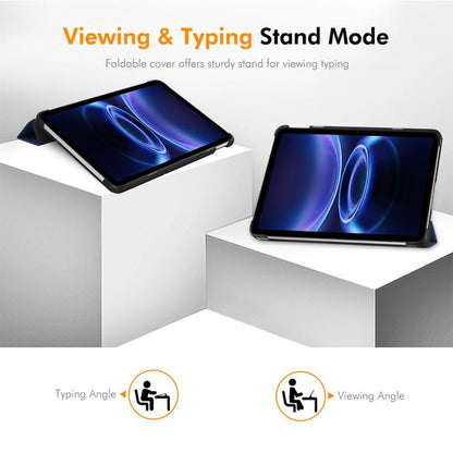 Tri-fold leather stand tablet case, dark blue, shown in typing and viewing modes