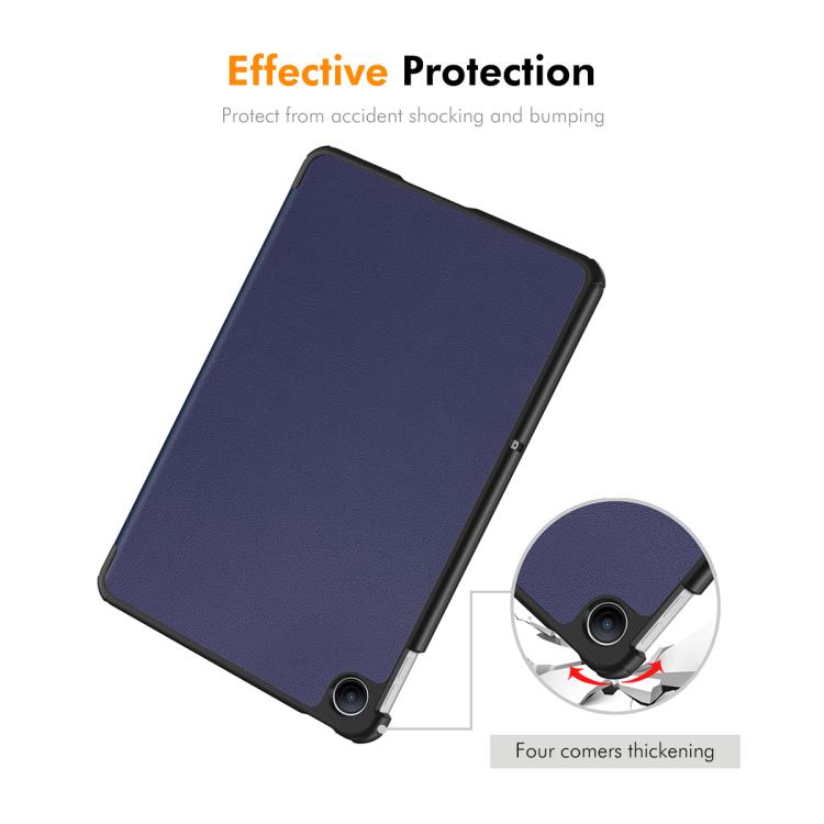 Tri-fold leather stand tablet case, dark blue, with corner protection detail