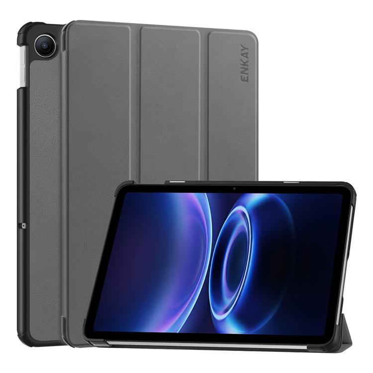 Tri-fold leather stand tablet case, grey, with foldable cover and kickstand