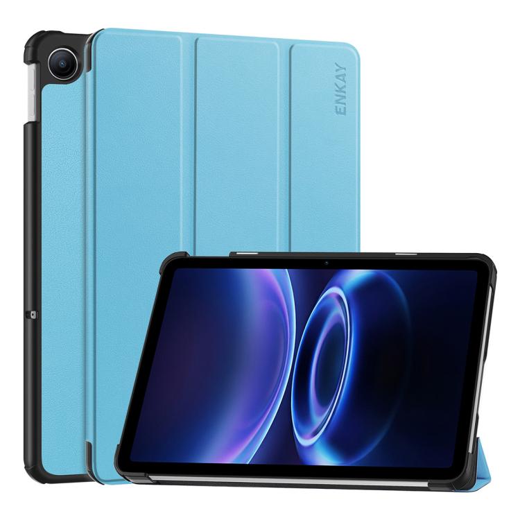 Tri-fold leather stand tablet case, light blue, with cover and viewing kickstand