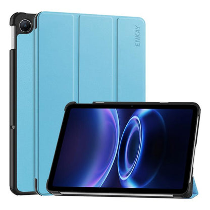 Tri-fold leather stand tablet case, light blue, with cover and viewing kickstand