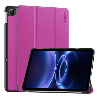 Tri-fold tablet case with stand, purple textured leather-look, ENKAY logo