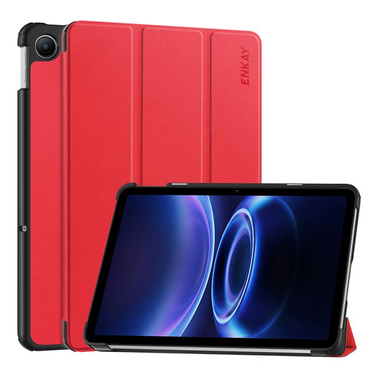 Tri-fold tablet case with stand, red textured leather-look, ENKAY logo