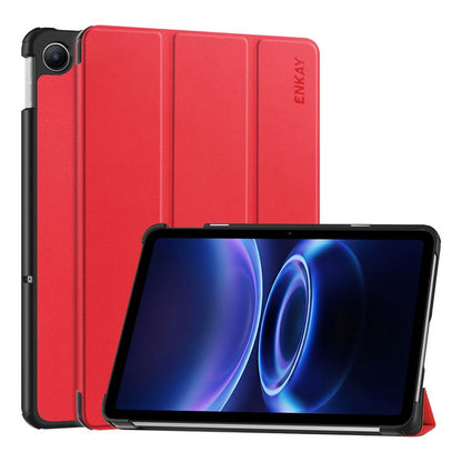 Tri-fold tablet case with stand, red textured leather-look, ENKAY logo