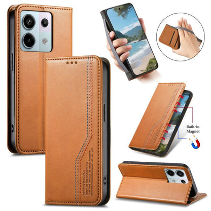 Brown leather phone case with elastic wrist strap and magnetic suction wallet design.