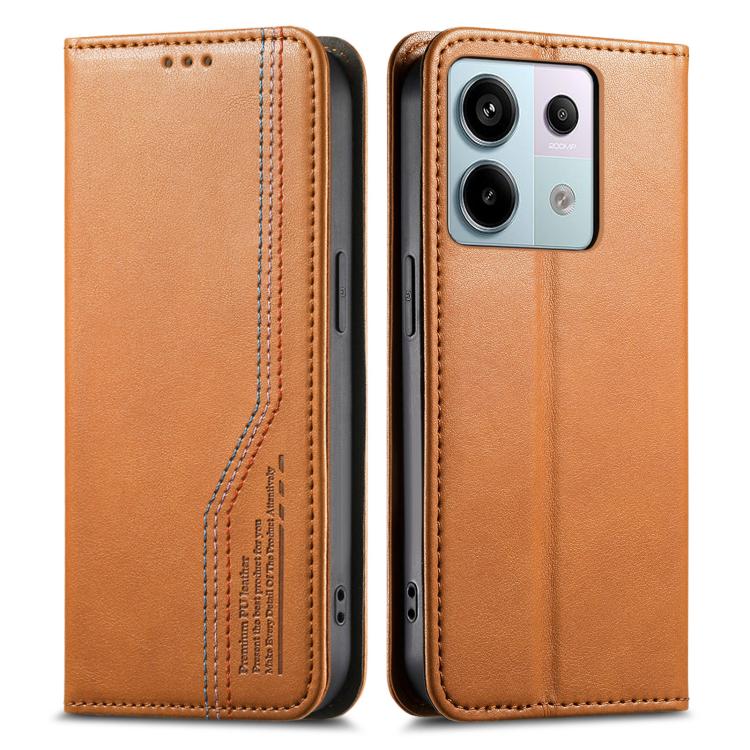 Brown leather phone case, front and back view with stitched side seam detail.