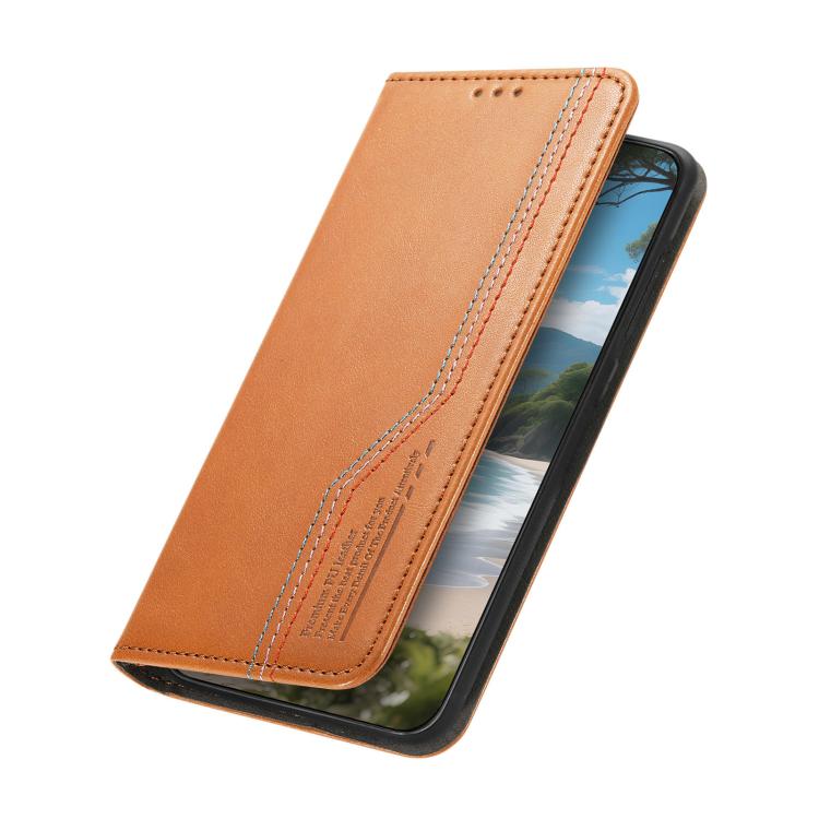 Brown leather flip phone case with card slot opening and stitched side panel.