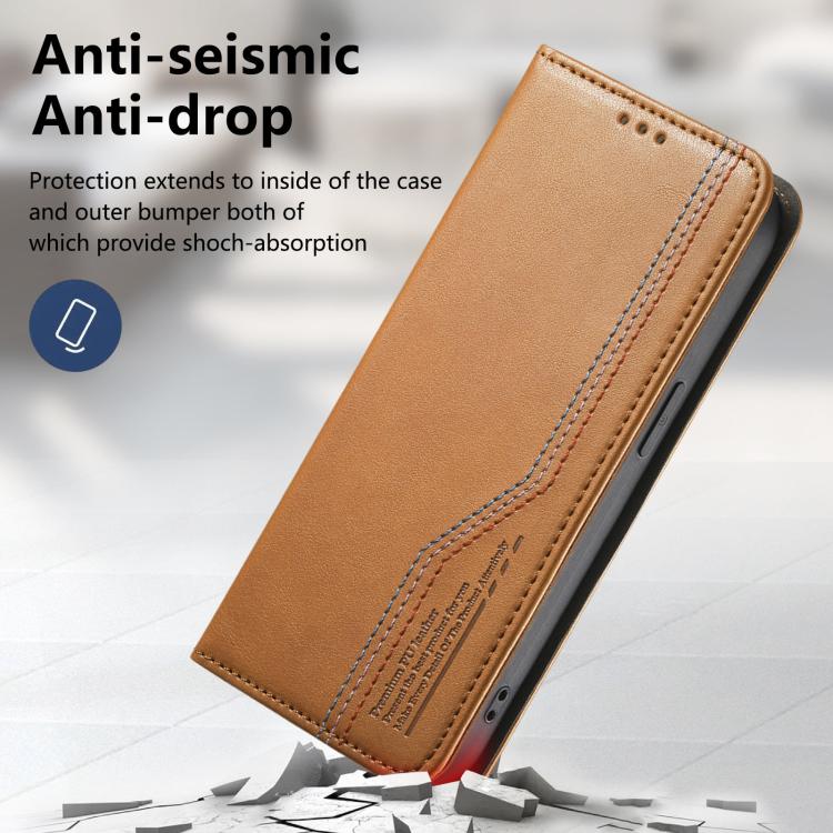 Brown leather folio phone case with stitched panel and protective raised phone edges.