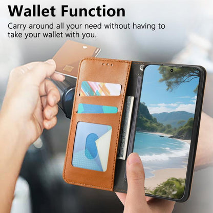 Brown leather folio phone case with inner card slots and magnetic closure.