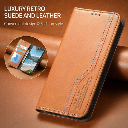 Tan leather folio phone case with vertical stitched panel and card slot opening.