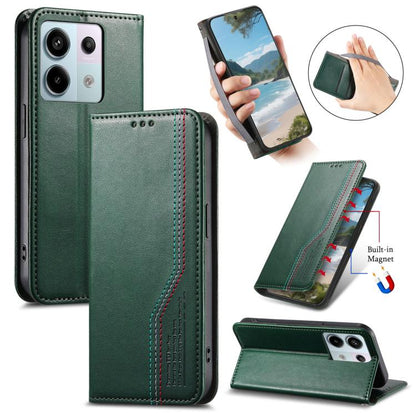 Green leather phone case with elastic wrist strap and stitched vertical panel.
