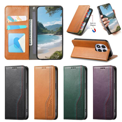 Magnetic suction leather phone case with elastic wristband, in brown black green purple