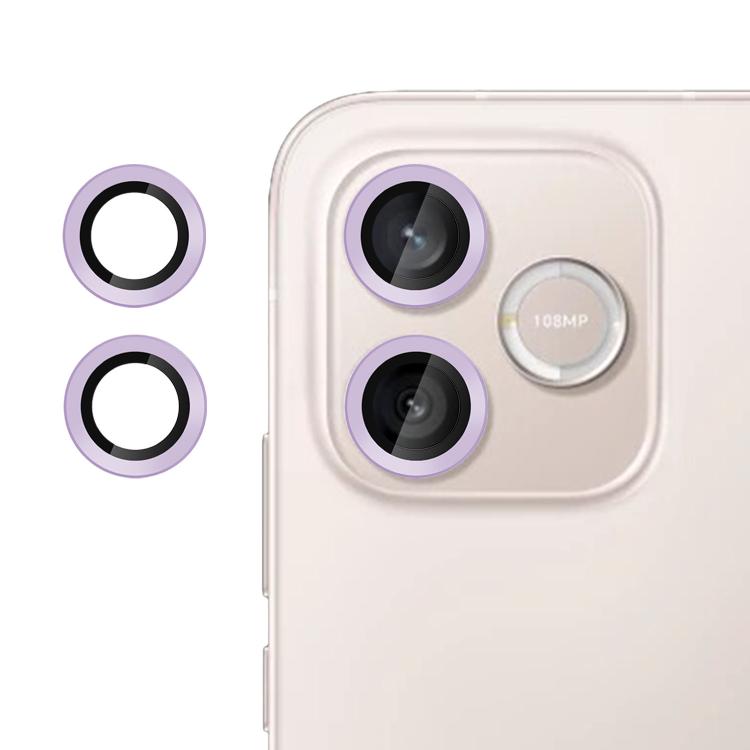 Tempered glass camera lens film with lavender rings for two lenses.