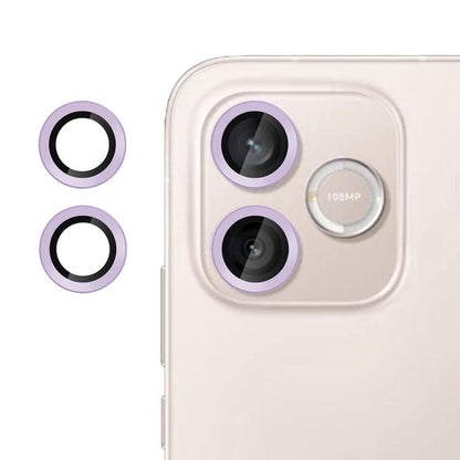Tempered glass camera lens film with lavender rings for two lenses.