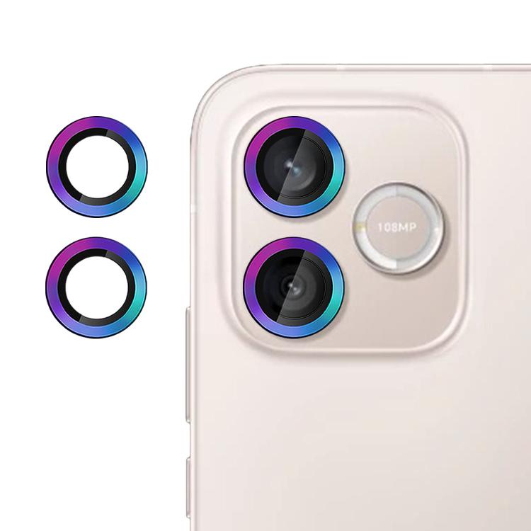 Tempered glass camera lens film with blue and purple rings for two lenses.