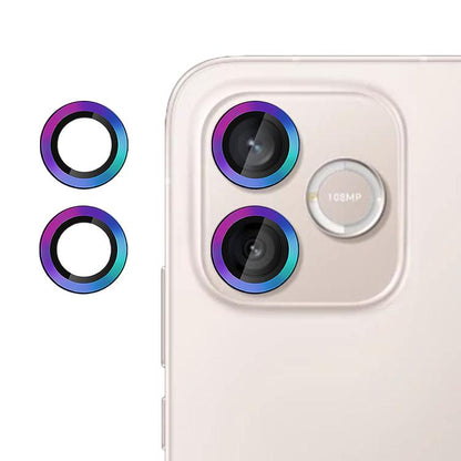 Tempered glass camera lens film with blue and purple rings for two lenses.
