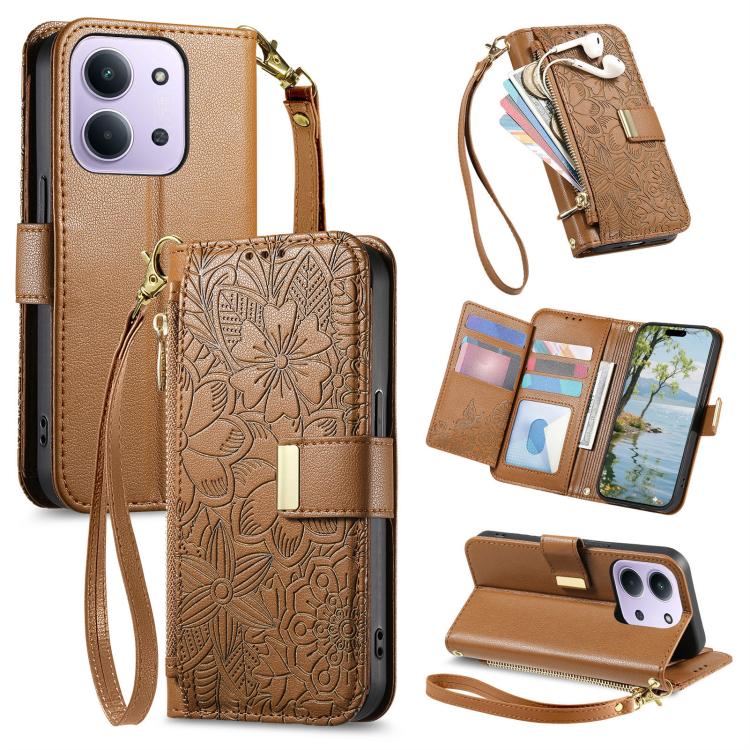 Flowers Leaves Zipper Wallet Leather Phone Case with Strap, For Redmi Note 14 Pro 5G, For Xiaomi 14T Pro, For Redmi Note 13 4G, For Redmi Note 13 Pro 5G, For Redmi Note 12 Turbo, For Redmi 15C 5G / 4G EU 173mm, For Redmi 15C 5G / 4G Global 171mm       ...