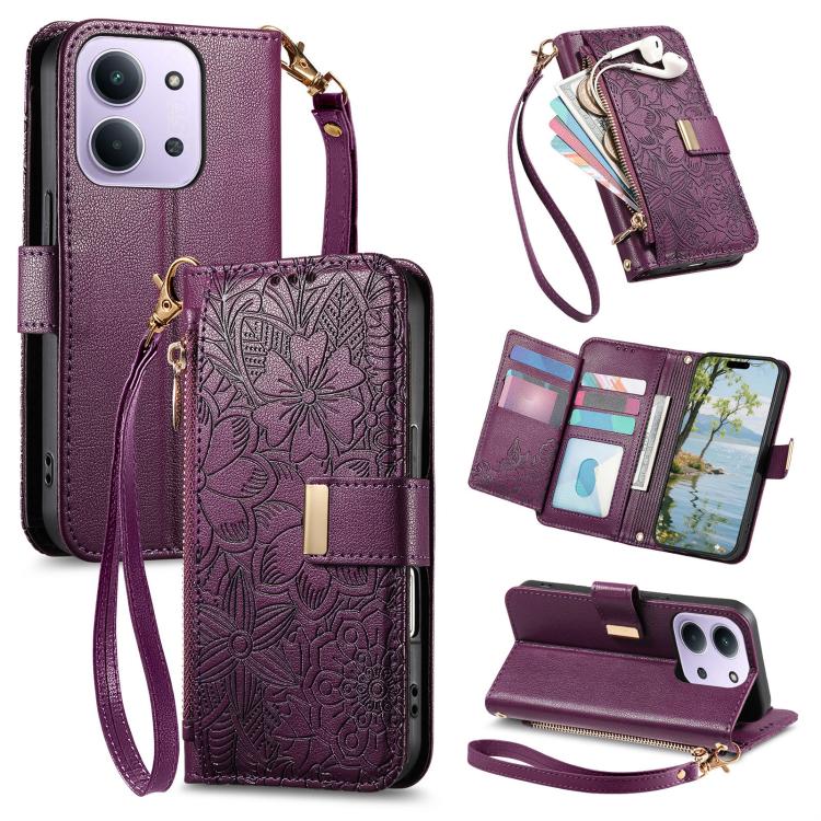 Flowers Leaves Zipper Wallet Leather Phone Case with Strap, For Redmi Note 14 Pro 5G, For Xiaomi 14T Pro, For Redmi Note 13 4G, For Redmi Note 13 Pro 5G, For Redmi Note 12 Turbo, For Redmi 15C 5G / 4G EU 173mm, For Redmi 15C 5G / 4G Global 171mm       ...