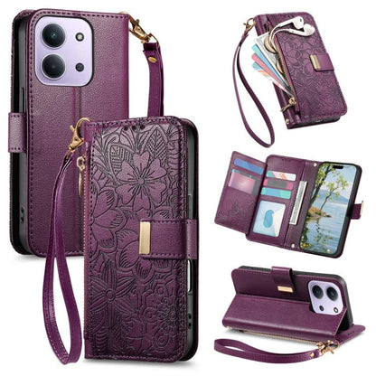 Flowers Leaves Zipper Wallet Leather Phone Case with Strap, For Redmi Note 14 Pro 5G, For Xiaomi 14T Pro, For Redmi Note 13 4G, For Redmi Note 13 Pro 5G, For Redmi Note 12 Turbo, For Redmi 15C 5G / 4G EU 173mm, For Redmi 15C 5G / 4G Global 171mm       ...