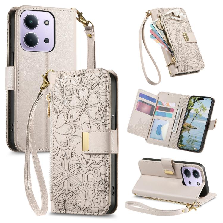 Flowers Leaves Zipper Wallet Leather Phone Case with Strap, For Redmi Note 14 Pro 5G, For Xiaomi 14T Pro, For Redmi Note 13 4G, For Redmi Note 13 Pro 5G, For Redmi Note 12 Turbo, For Redmi 15C 5G / 4G EU 173mm, For Redmi 15C 5G / 4G Global 171mm       ...