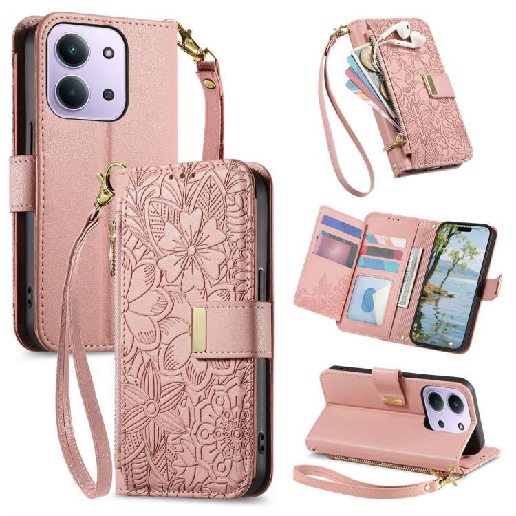Flowers Leaves Zipper Wallet Leather Phone Case with Strap, For Redmi Note 14 Pro 5G, For Xiaomi 14T Pro, For Redmi Note 13 4G, For Redmi Note 13 Pro 5G, For Redmi Note 12 Turbo, For Redmi 15C 5G / 4G EU 173mm, For Redmi 15C 5G / 4G Global 171mm       ...