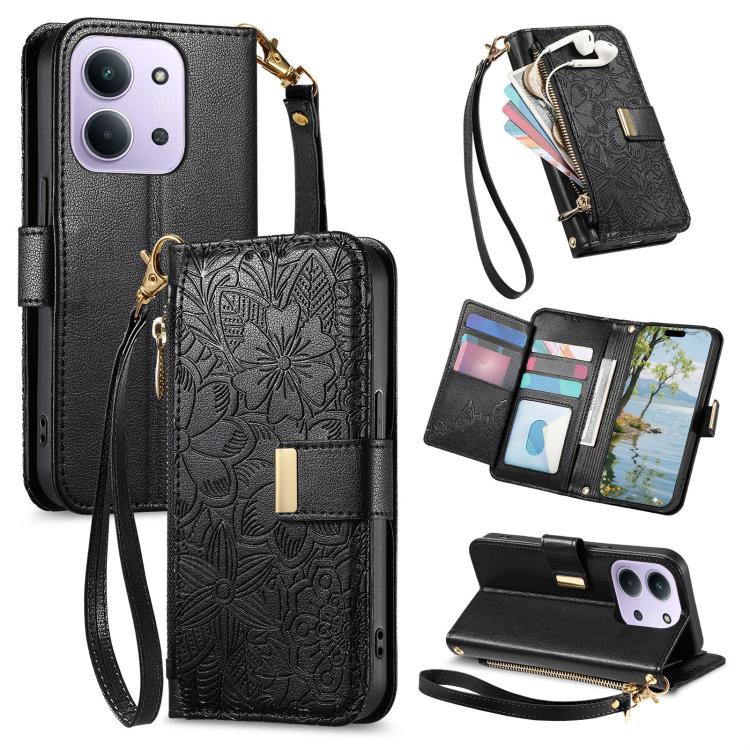 Flowers Leaves Zipper Wallet Leather Phone Case with Strap, For Redmi Note 14 Pro 5G, For Xiaomi 14T Pro, For Redmi Note 13 4G, For Redmi Note 13 Pro 5G, For Redmi Note 12 Turbo, For Redmi 15C 5G / 4G EU 173mm, For Redmi 15C 5G / 4G Global 171mm       ...