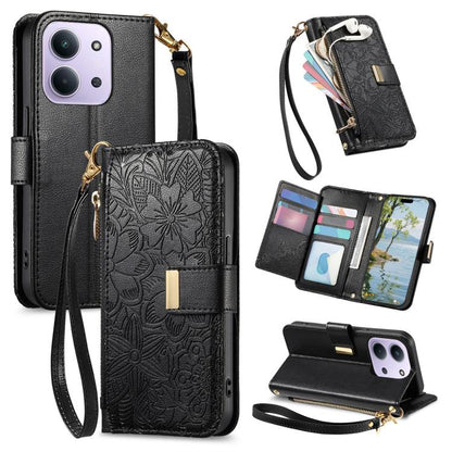 Flowers Leaves Zipper Wallet Leather Phone Case with Strap, For Redmi Note 14 Pro 5G, For Xiaomi 14T Pro, For Redmi Note 13 4G, For Redmi Note 13 Pro 5G, For Redmi Note 12 Turbo, For Redmi 15C 5G / 4G EU 173mm, For Redmi 15C 5G / 4G Global 171mm       ...