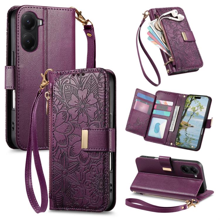 Flowers Leaves Zipper Wallet Leather Phone Case with Strap, For Xiaomi Poco X8 Pro Max 5G, For Xiaomi Poco X8 Pro 5G, For Redmi Turbo 5 Max 5G, For Redmi Turbo 5 5G, For Xiaomi 17 Pro Max, For Xiaomi 17 Pro, For Xiaomi 17, For Xiaomi Poco M7 4G 169mm  ...