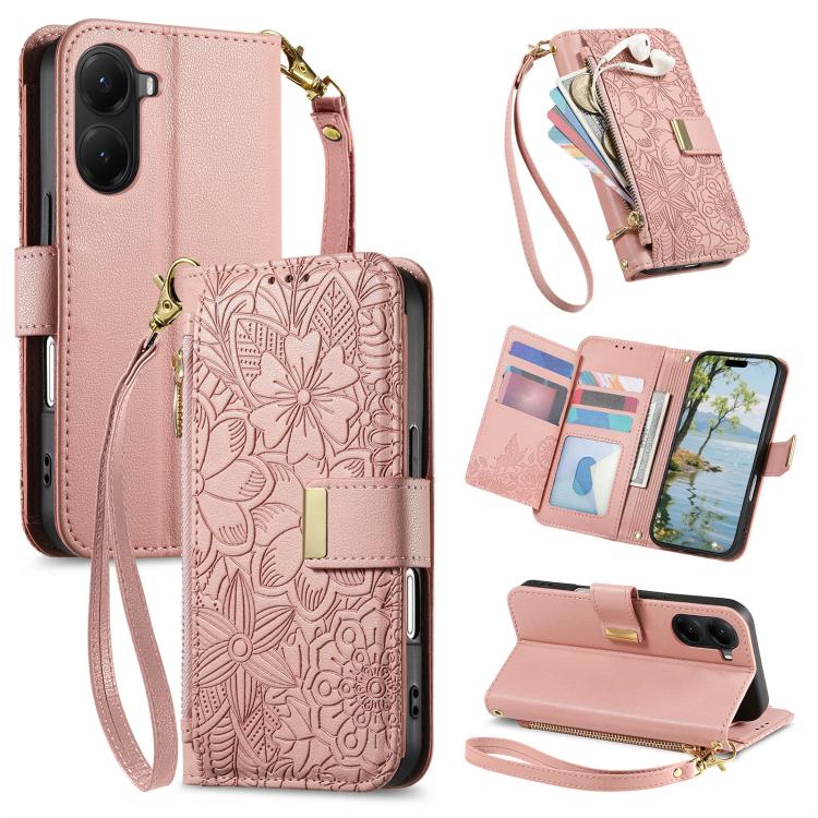 Flowers Leaves Zipper Wallet Leather Phone Case with Strap, For Xiaomi Poco X8 Pro Max 5G, For Xiaomi Poco X8 Pro 5G, For Redmi Turbo 5 Max 5G, For Redmi Turbo 5 5G, For Xiaomi 17 Pro Max, For Xiaomi 17 Pro, For Xiaomi 17, For Xiaomi Poco M7 4G 169mm  ...