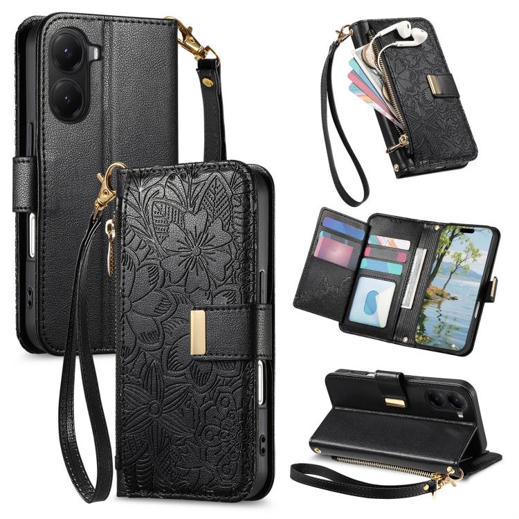 Flowers Leaves Zipper Wallet Leather Phone Case with Strap, For Xiaomi Poco X8 Pro Max 5G, For Xiaomi Poco X8 Pro 5G, For Redmi Turbo 5 Max 5G, For Redmi Turbo 5 5G, For Xiaomi 17 Pro Max, For Xiaomi 17 Pro, For Xiaomi 17, For Xiaomi Poco M7 4G 169mm  ...