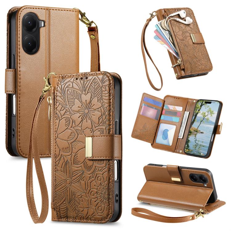 Flowers Leaves Zipper Wallet Leather Phone Case with Strap, For Xiaomi Poco X8 Pro Max 5G, For Xiaomi Poco X8 Pro 5G, For Redmi Turbo 5 Max 5G, For Redmi Turbo 5 5G, For Xiaomi 17 Pro Max, For Xiaomi 17 Pro, For Xiaomi 17, For Xiaomi Poco M7 4G 169mm  ...