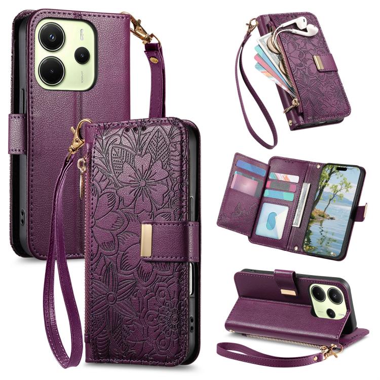 Flowers Leaves Zipper Wallet Leather Phone Case with Strap, For Xiaomi Poco X8 Pro Max 5G, For Xiaomi Poco X8 Pro 5G, For Redmi Turbo 5 Max 5G, For Redmi Turbo 5 5G, For Xiaomi 17 Pro Max, For Xiaomi 17 Pro, For Xiaomi 17, For Xiaomi Poco M7 4G 169mm  ...