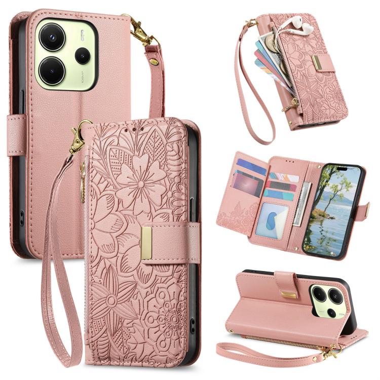 Flowers Leaves Zipper Wallet Leather Phone Case with Strap, For Xiaomi Poco X8 Pro Max 5G, For Xiaomi Poco X8 Pro 5G, For Redmi Turbo 5 Max 5G, For Redmi Turbo 5 5G, For Xiaomi 17 Pro Max, For Xiaomi 17 Pro, For Xiaomi 17, For Xiaomi Poco M7 4G 169mm  ...