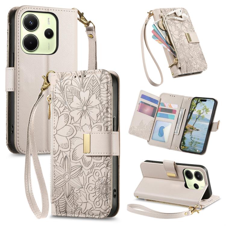 Flowers Leaves Zipper Wallet Leather Phone Case with Strap, For Xiaomi Poco X8 Pro Max 5G, For Xiaomi Poco X8 Pro 5G, For Redmi Turbo 5 Max 5G, For Redmi Turbo 5 5G, For Xiaomi 17 Pro Max, For Xiaomi 17 Pro, For Xiaomi 17, For Xiaomi Poco M7 4G 169mm  ...