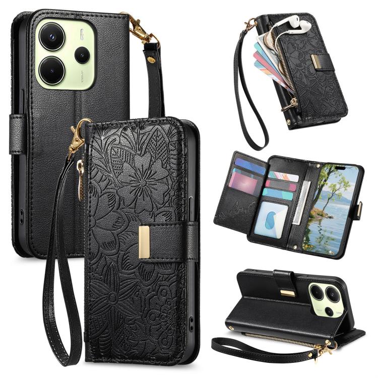 Flowers Leaves Zipper Wallet Leather Phone Case with Strap, For Xiaomi Poco X8 Pro Max 5G, For Xiaomi Poco X8 Pro 5G, For Redmi Turbo 5 Max 5G, For Redmi Turbo 5 5G, For Xiaomi 17 Pro Max, For Xiaomi 17 Pro, For Xiaomi 17, For Xiaomi Poco M7 4G 169mm  ...