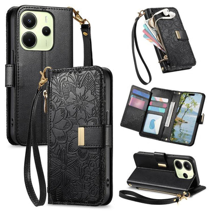 Flowers Leaves Zipper Wallet Leather Phone Case with Strap, For Xiaomi Poco X8 Pro Max 5G, For Xiaomi Poco X8 Pro 5G, For Redmi Turbo 5 Max 5G, For Redmi Turbo 5 5G, For Xiaomi 17 Pro Max, For Xiaomi 17 Pro, For Xiaomi 17, For Xiaomi Poco M7 4G 169mm  ...