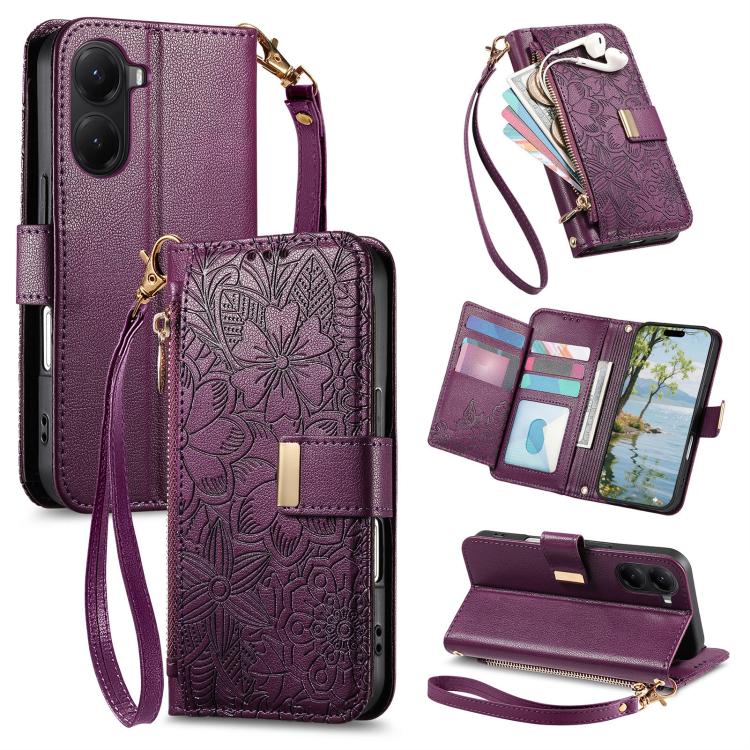 Flowers Leaves Zipper Wallet Leather Phone Case with Strap, For Xiaomi Poco X8 Pro Max 5G, For Xiaomi Poco X8 Pro 5G, For Redmi Turbo 5 Max 5G, For Redmi Turbo 5 5G, For Xiaomi 17 Pro Max, For Xiaomi 17 Pro, For Xiaomi 17, For Xiaomi Poco M7 4G 169mm  ...